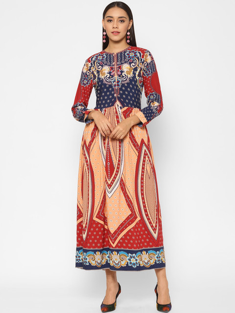 

VALBONE Women Beige & Blue Ethnic Motifs Organic Cotton Maxi Dress