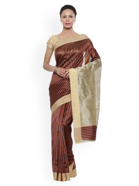 

Pavechas Rust Brown & Black Striped Banarasi Poly Silk Saree