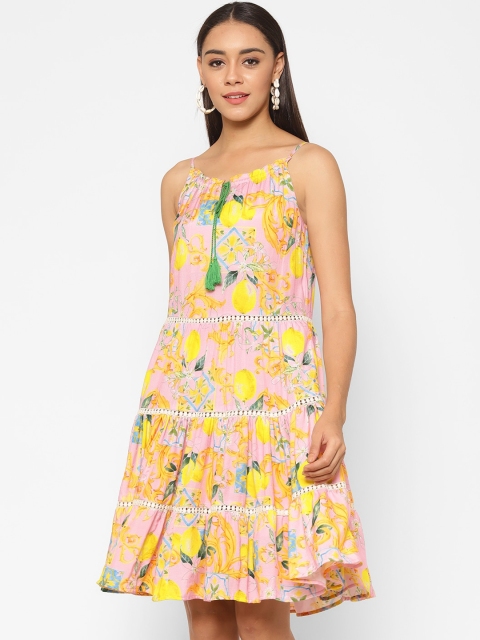 

VALBONE Yellow & Fluorescent Green Floral Printed Dress