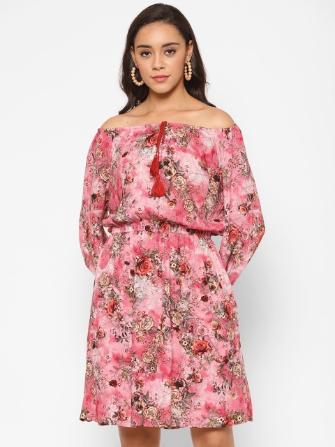 

VALBONE Pink & Beige Floral Off-Shoulder Dress