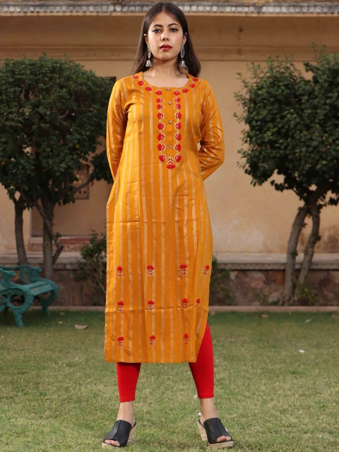 

KALINI Women Mustard Yellow Striped Thread Work Kurta