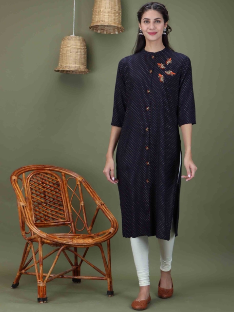 

KALINI Women Navy Blue Printed Thread Work Kurta