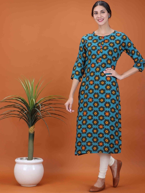 

KALINI Women Blue Floral Printed Floral Kantha Work Straight Kurta
