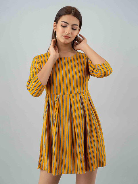 

KALINI Women Mustard Yellow Striped Fit & Flare Dress