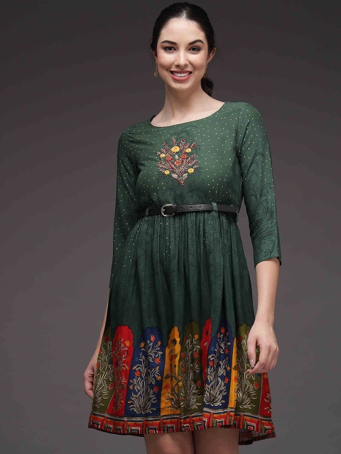 

KALINI Women Green & Red Printed Fit & Flare Dress
