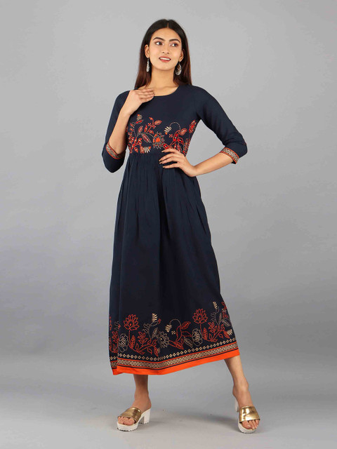 

KALINI Navy Blue Floral Embroidered Maxi Dress