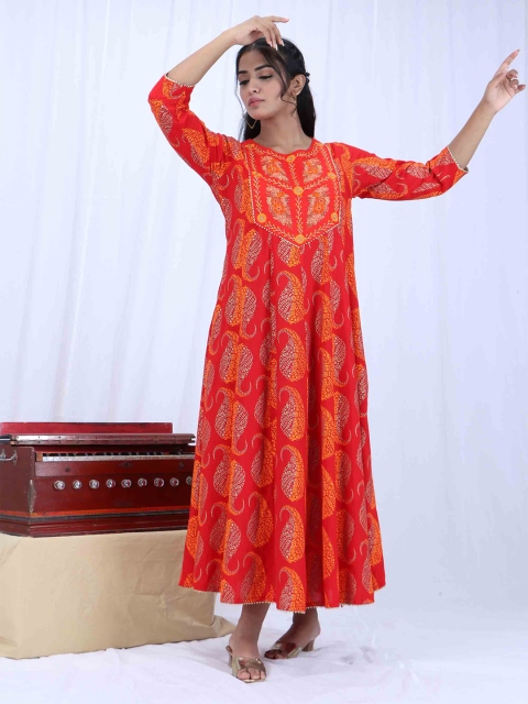

KALINI Red Printed Round Neck Maxi Dress