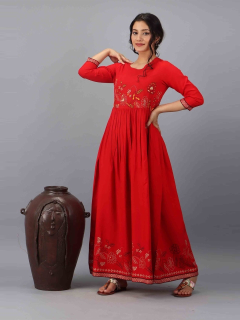 

KALINI Red Floral Embroidered Ethnic Maxi Dress