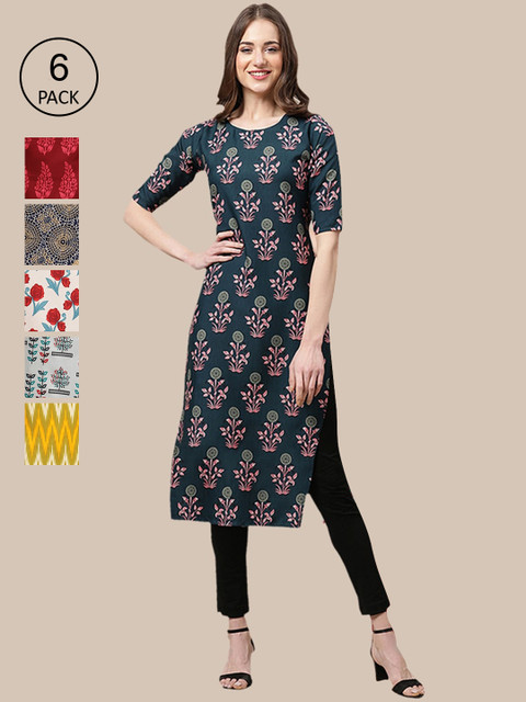 

KALINI Women Pack Of 6 Multicoloured Ethnic Motifs Printed Crepe Kurta, Multi