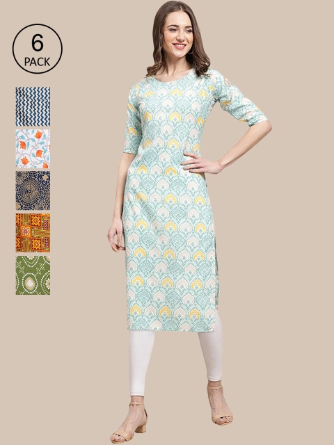 

KALINI Women Blue & Green Ethnic Motifs Printed Summer Sheers Crepe Kurta
