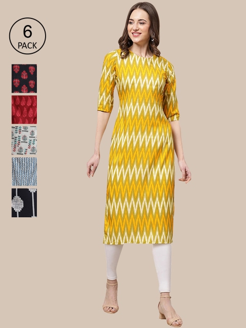 

KALINI Women Yellow & Black Pack Of 6 Ethnic Motifs Printed Summer Sheers Crepe Kurta