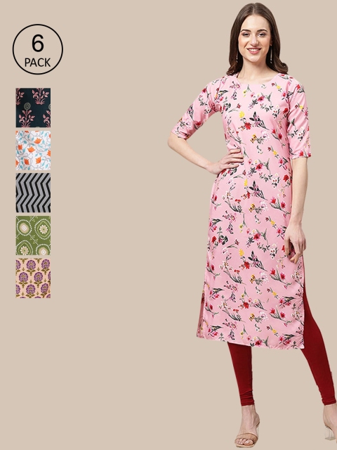 

KALINI Women Pack Of 6 Multicoloured Floral Printed Crepe Kurta, Multi