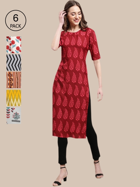 

KALINI Women Set Of 6 Multicoloured Ethnic Motifs Printed Crepe Kurta, Multi