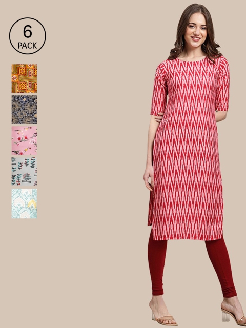 

KALINI Women Pack of 6 Ethnic Motifs Printed Summer Sheers Crepe Kurta, Red