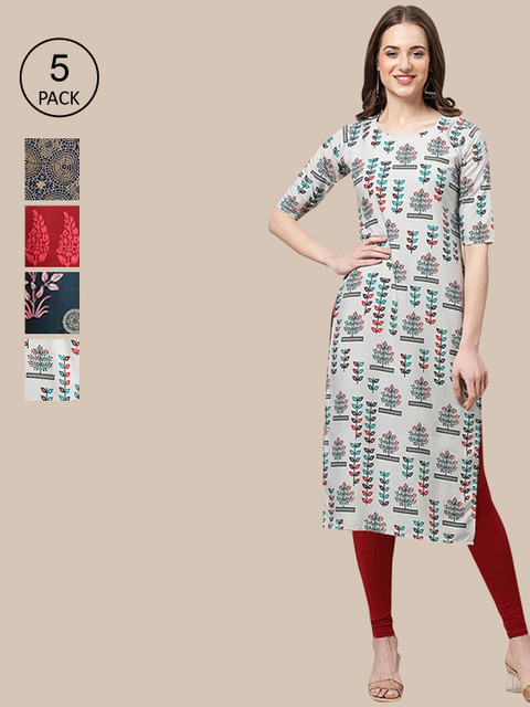 

KALINI Women Pack Of 5 Grey & Blue Floral Printed Summer Sheers Crepe Kurtas
