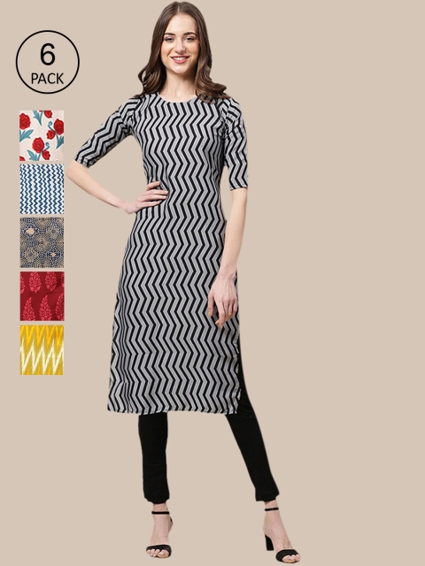 

KALINI Women Pack of 6 Ethnic Motifs Printed Crepe Kurta, Multi