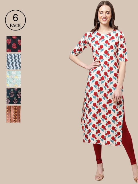 

KALINI Women Pack Of 6 Printed Summer Sheers Crepe Kurta, White