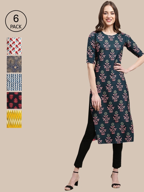 

KALINI Women Set Of 6 Navy Blue & Yellow Floral Printed Crepe Kurta