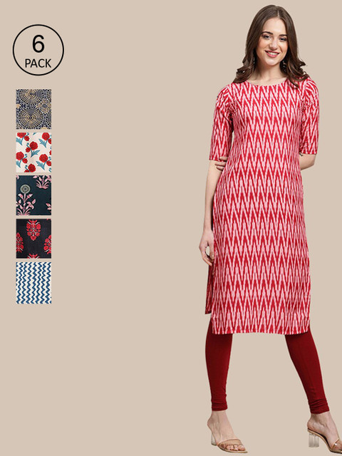

KALINI Women Pack Of 6 Multicoloured Ethnic Motifs Printed Summer Sheers Crepe Kurta, Multi