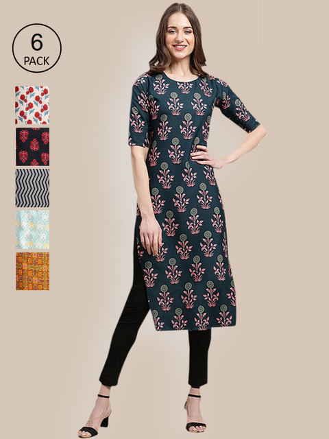 

KALINI Women Pack Of 6 Multicoloured Ethnic Motifs Printed Crepe Kurta, Multi
