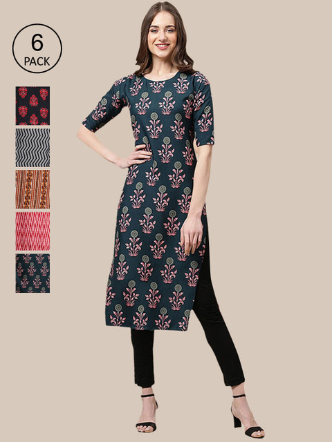 

KALINI Women Pack of 6 Multicoloured Ethnic Motifs Printed Crepe Kurtas, Multi