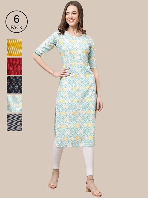 

KALINI Women Pack of 6 Ethnic Motifs Printed Summer Sheers Crepe Kurta, Yellow