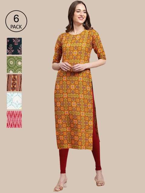 

KALINI Women Pack Of 6 Ethnic Motifs Printed Crepe Kurta, Multi