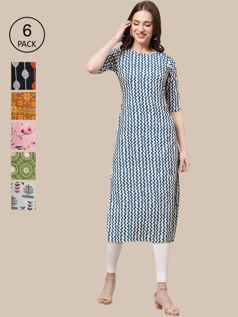 

KALINI Women Pack of 6 Ethnic Motifs Printed Summer Sheers Crepe Kurta, Blue