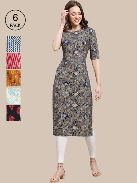 

KALINI Women Pack Of 6 Multicoloured Ethnic Motifs Printed Summer Sheers Crepe Kurta, Multi