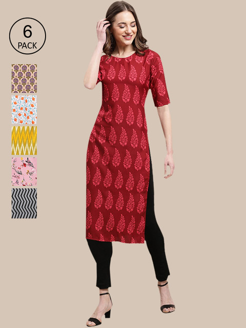 

KALINI Women Pack Of 6 Multicoloured Floral Printed Crepe Kurta, Multi