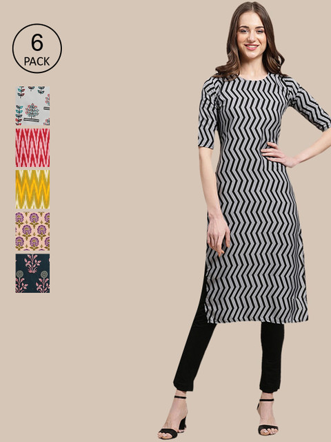 

KALINI Women PACK OF 6 Grey & Red Ethnic Motifs Printed Summer Sheers Crepe Kurta