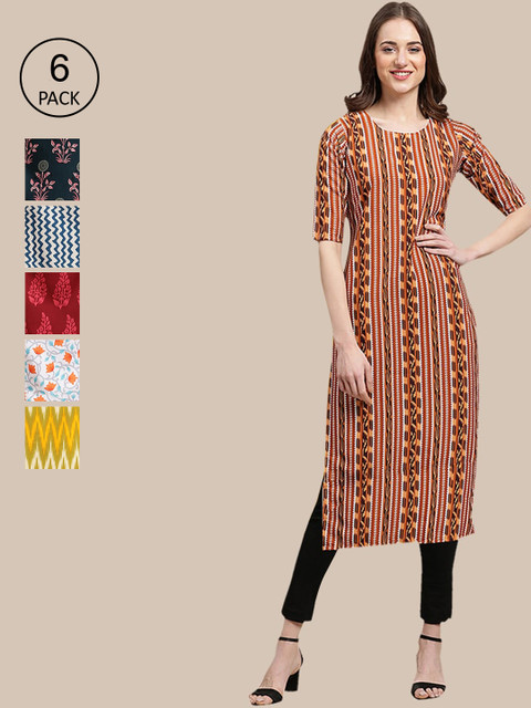 

KALINI Women Pack Of 6 Multicoloured Ethnic Motifs Printed Crepe Kurta, Multi
