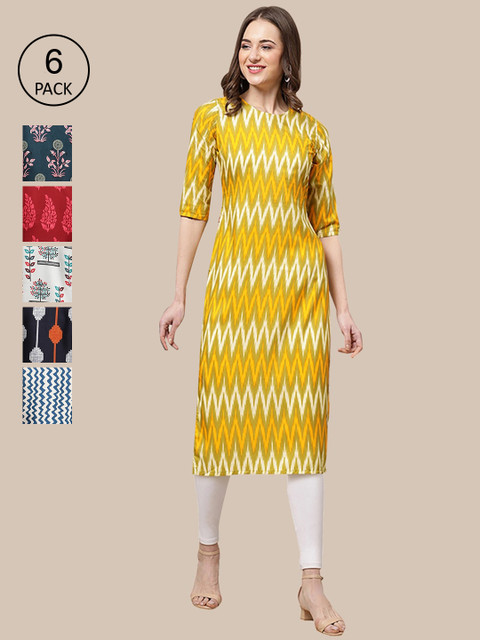 

KALINI Pack of 6 Women Multicoloured Ethnic Motifs Printed Crepe Kurta, Multi