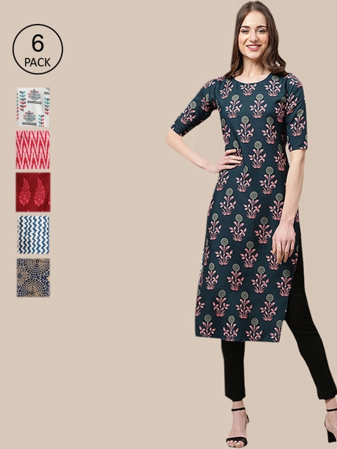 

KALINI Women Set Of 6 Navy Blue & White Ethnic Motifs Printed Crepe Kurta