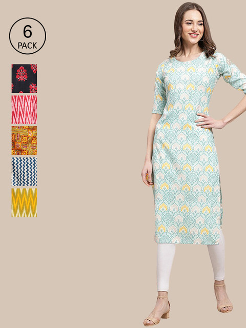 

KALINI Women Pack Of 6 Printed Summer Sheers Crepe Kurta, Black