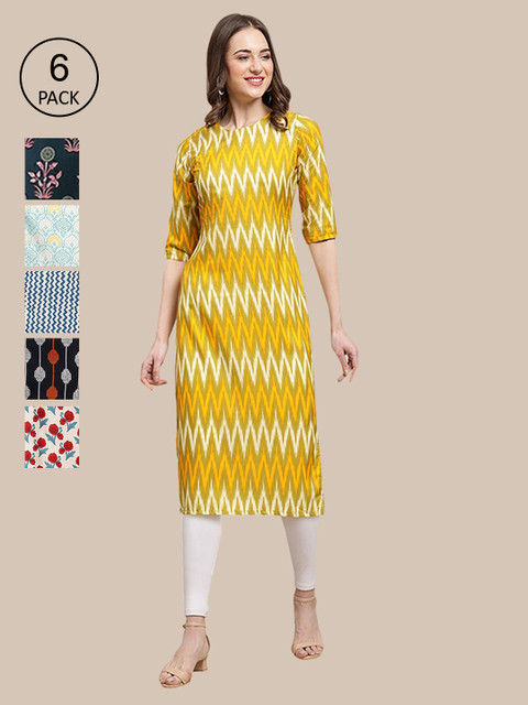 

KALINI Pack of 6 Women Ethnic Motifs Printed Crepe Kurtas, Yellow