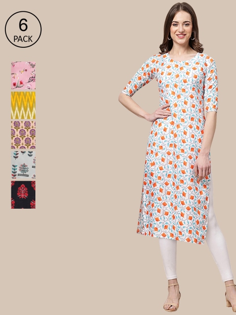 

KALINI Women Pack of 6 Printed Crepe Kurtas, White