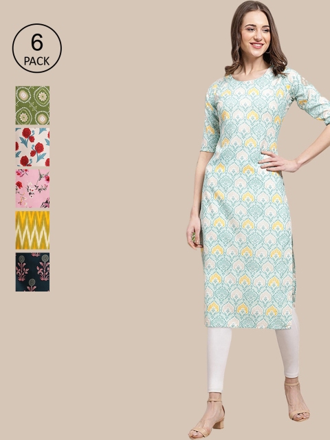 

KALINI Women Pack of 6 Green & Blue Ethnic Motifs Printed Crepe Kurta