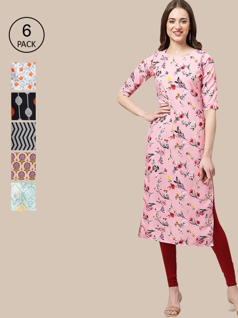 

KALINI Women Pink & White Floral Printed Crepe Kurta