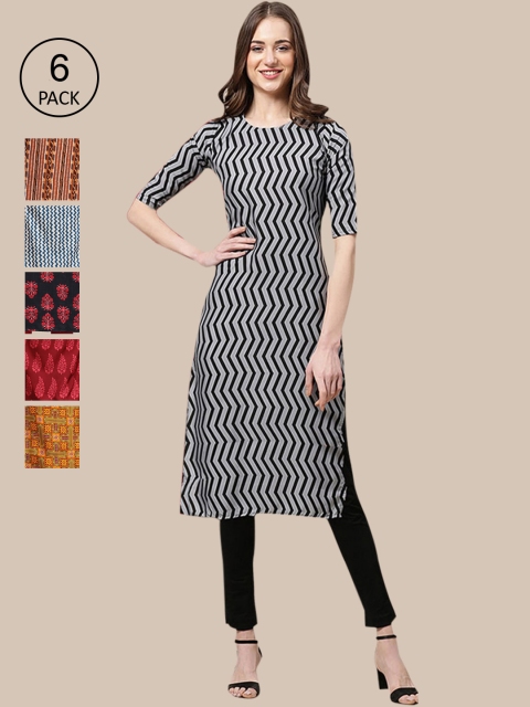 

KALINI Women Set Of 6 Multicoloured Ethnic Motifs Printed Crepe Kurta, Multi