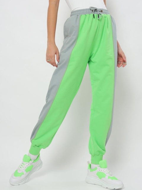 

Bewakoof Women Green & Grey Colourblocked Cotton Joggers