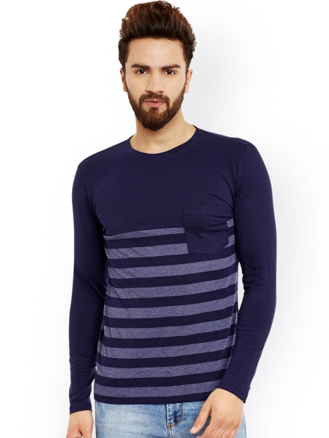 

Hypernation Men Blue Striped Slim Fit Round Neck T-shirt