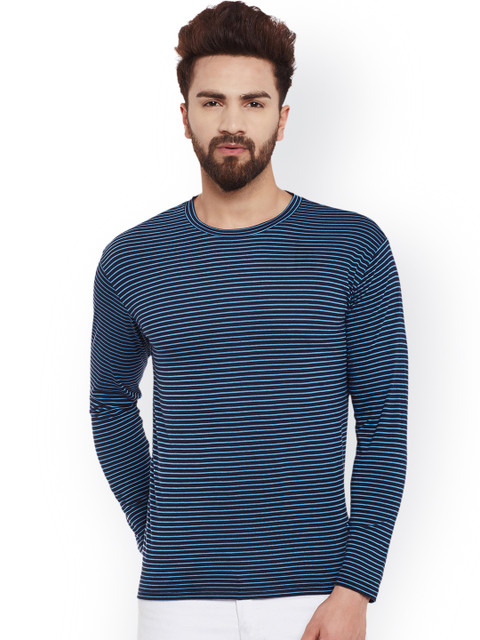 

Hypernation Men Navy Blue Striped Round Neck T-shirt