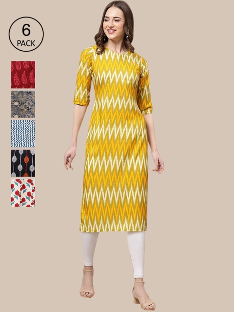

1 Stop Fashion Women Multicolor Pack Of 6 Printed Straight Kurta, Multi