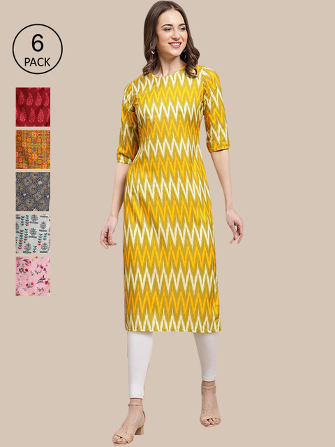 

1 Stop Fashion Women Pack of 6 Multicoloured Ethnic Motifs Printed Crepe Kurta, Multi