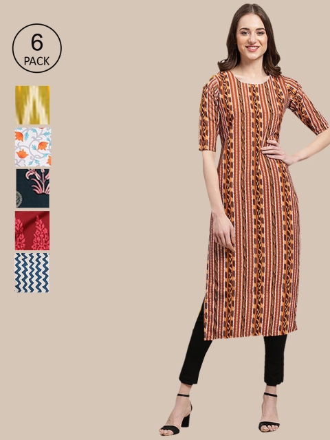 

1 Stop Fashion Women Multicoloured Printed Summer Sheers Crepe Pack Of 6 Kurta, Multi