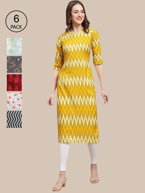 

1 Stop Fashion Women Pack of 6 Multi Ethnic Motifs Printed Crepe Kurtas, Mustard