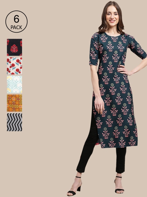 

1 Stop Fashion Women Pack Of 6 Multicoloured Floral Printed Summer Sheers Crepe Kurta, Multi