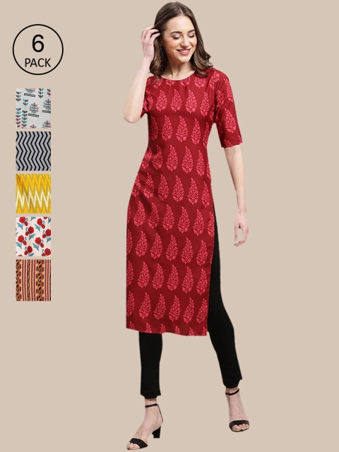 

1 Stop Fashion Pack Of 6 Women Ethnic Motifs Printed Summer Sheers Crepe Kurta, Red