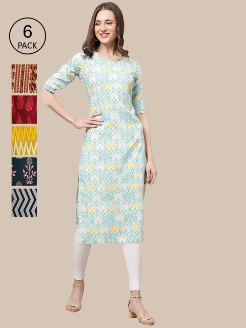 

1 Stop Fashion Pack Of 6 Women Geometric Printed Summer Sheers Crepe Kurta, Blue